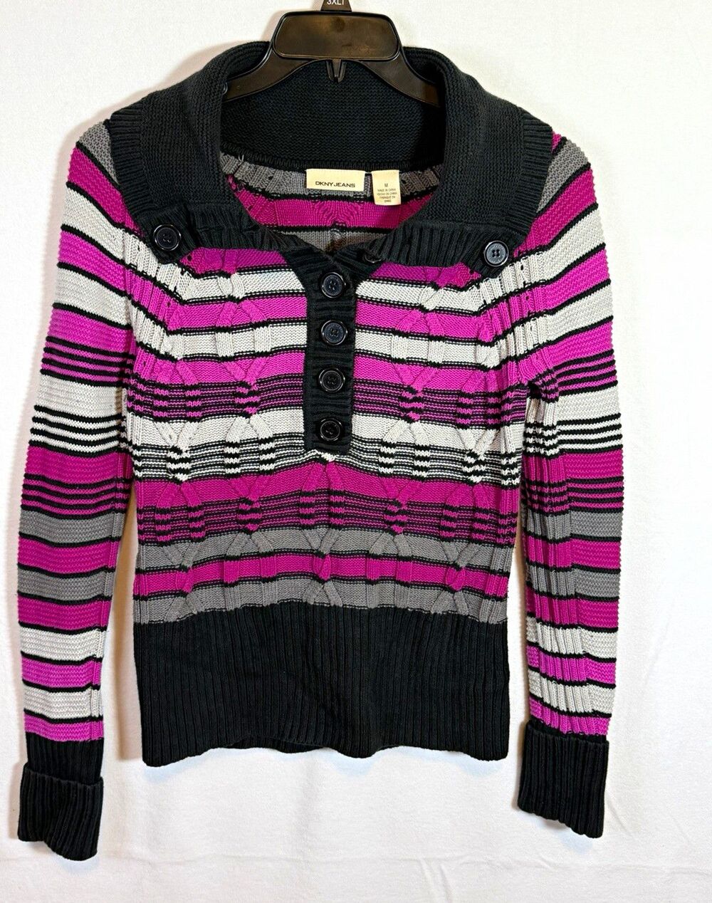 DKNY JEANS Womens M Black Pink Gray White Striped Knit Collared Button Sweater